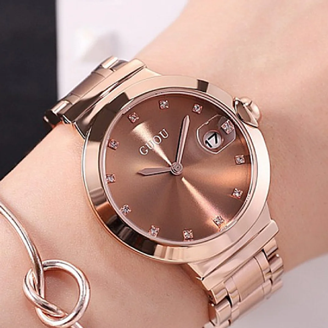 Fashion Guou Top Brand Women Full Stainless Steel Quartz Watches Higher Cost Quality Watch Female Calendar Wristwatches Girls