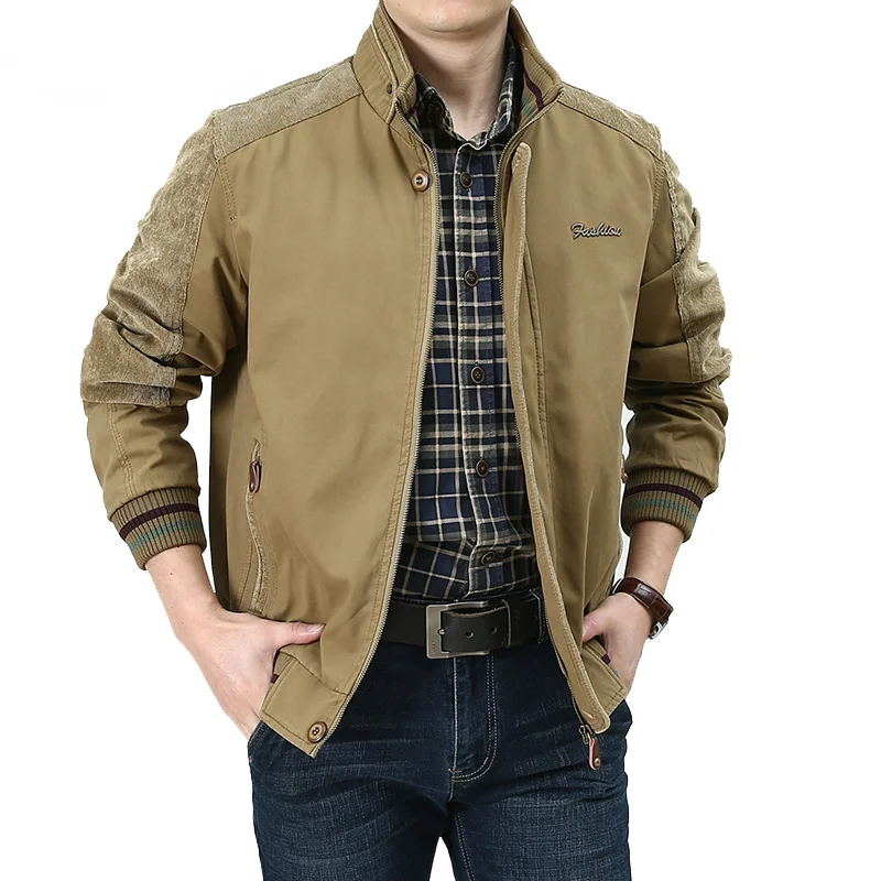 

Size S-5XL Plus Spring Autumn Jacket Men 100% Cotton Solid Color Corduroy Patchwork Stand Collar Slim Business Jackets Male Coat