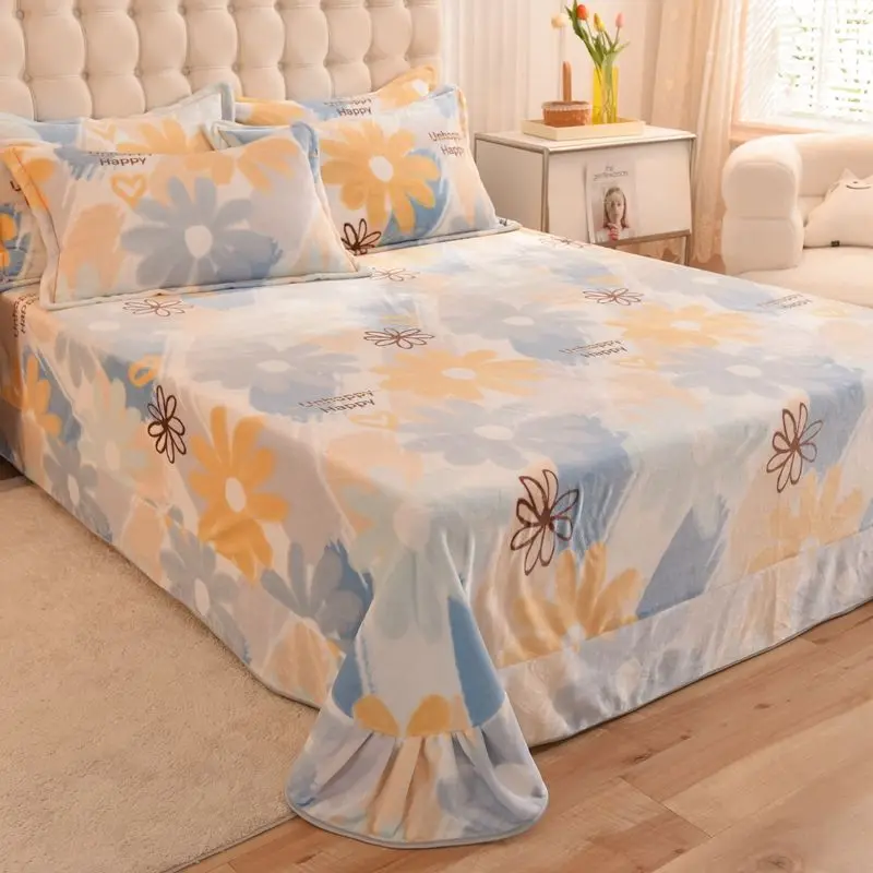 

Soft Velvet Double Bedspread Thick Quick Warm Short Plush Ruffle Bed Sheet Skin-friendly Flannel Bedsheet Not Include Pillowcase