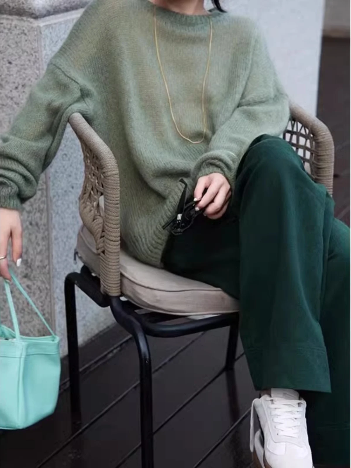 Cameo Green Mohair Long sleeve Knit Women Winter Idle Sle Loose Soft Glutinous Pullover Sweater Atmosphere Top