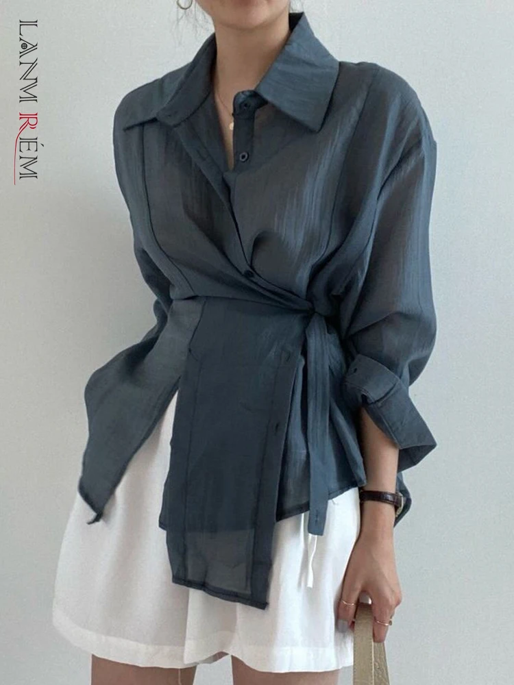 

[LANMREM] Lace-up Temperament Sunscreen Shirt Women Irregular Gathered Waist Long Sleeve Blouses Top Female 2023 Summer New 26D4