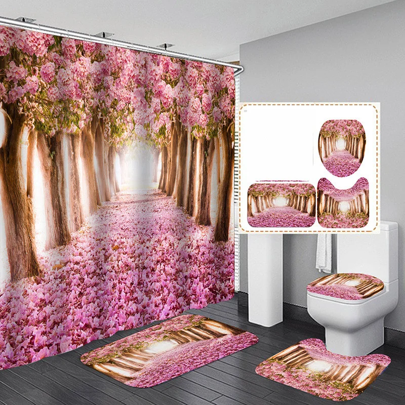 

Набор занавесок для ванной и душа с цветочным принтом, чехол для унитаза, нескользящий коврик для ванной, коврик, водонепроницаемая занавес...