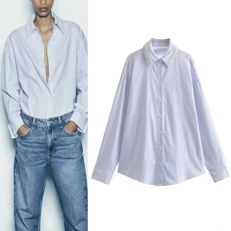 

TRAF Striped Beaded Shirts For Women 2023 Fashion New Blouse Woman Autumn Lapel Long Sleeves Shirt Elegant Front Button Blouses