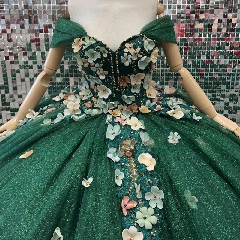 

Angelsbridep Green Ball Gown Quinceanera Dress Princess 3D Flower Sweet 15 16 Years Girl Birthday Party Formal Wear Gift Pageant