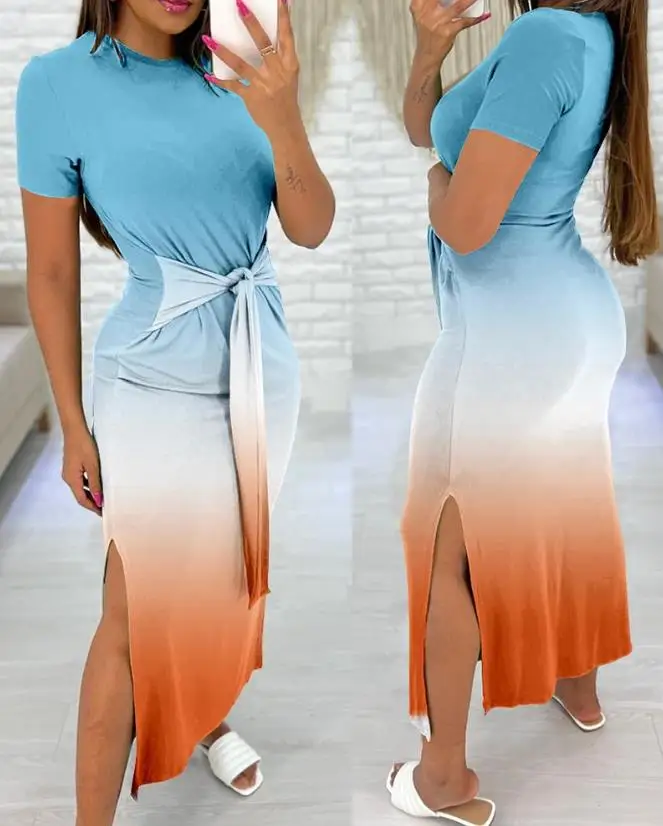 

Women's Summer 2023 New Fashion Rainbow Color Round Neck Tie Detail Slit Casual Short Sleeve Midi Dress Streetwear
