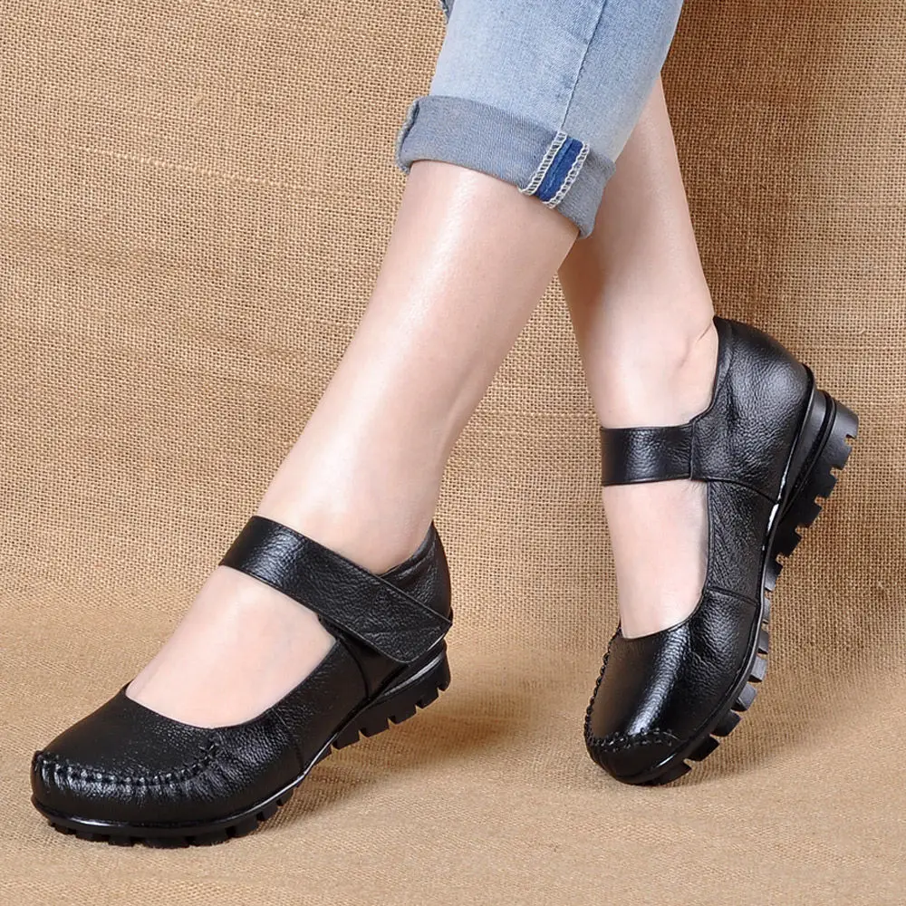 Fashion Summer Shoes Women Flats Mary Jane Shoe With Hook Loop Ladies Leather Flat Shoes Black Loafers Nurse Shoes Free Shipping