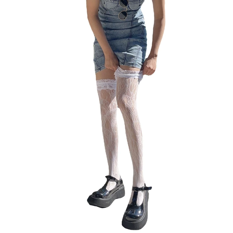 

Women Thigh High Stockings with Lace Trim Japanese JK Lolita Student Girls Over Knee Long Socks Cute Cosplay Hosiery