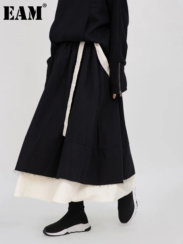 

[EAM] High Elastic Waist Black Color-block Burr Bandage Pleated Half-body Skirt Women Fashion New Spring Autumn 2023 1DF4828