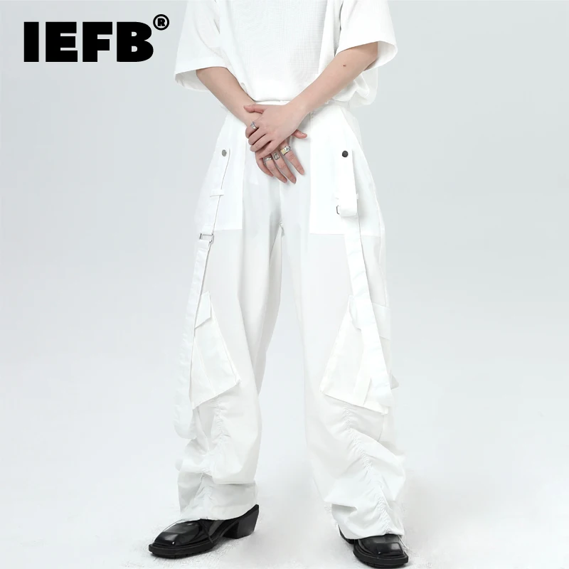 

IEFB Men's Wear Cargo Pants Solid Color Niche Design Ribbon Spliced Male Drawstring Overalls 2023 New Stylish Spring 9A8110