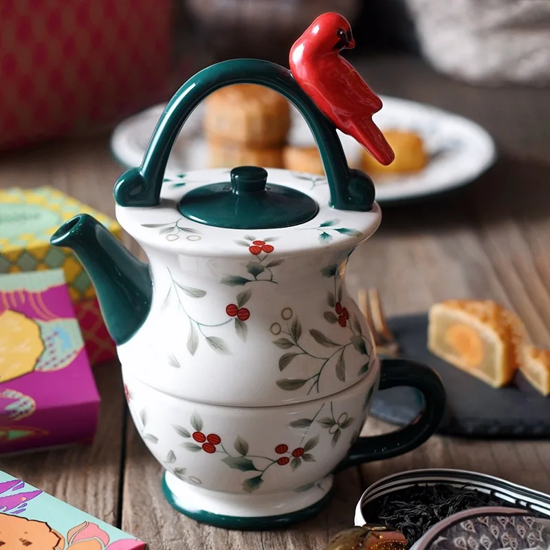 

North American Cardinal Holly Berry European Ceramic Mother Pot Tea Set Creative Home Afternoon Tea Teapot Teacup