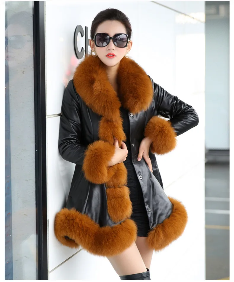 Korean Winter Faux Fur Coat Female Faux Fox Fur Collar Fur Coats Jacket Cotton Coat Long Sleeve Long Slim Long Fur Coat Dress