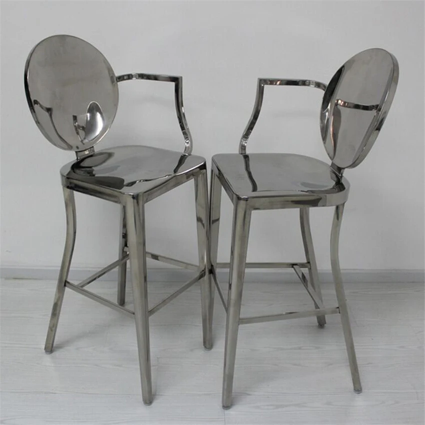 Commercial Furniture Full Stainless Steel 4 Leg Dining Chair Bar Counter Chair High Footstool Bar Stool Chair With Backrest