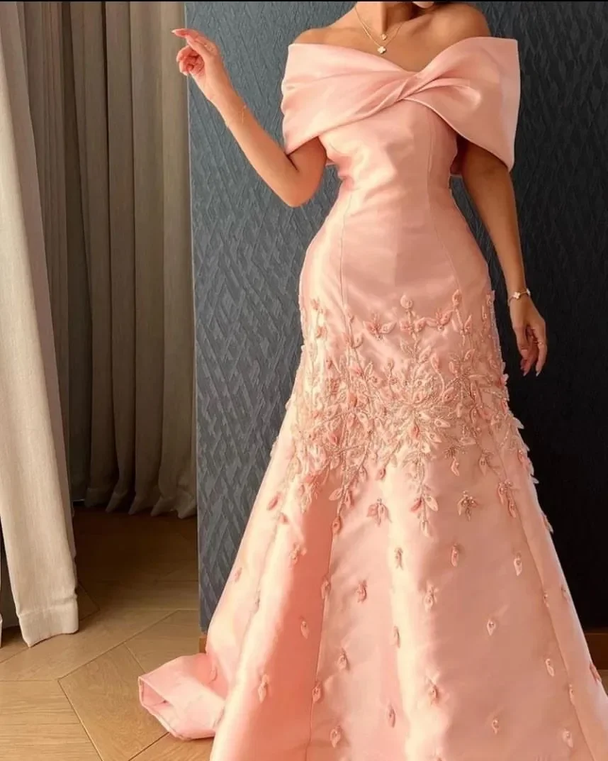 

Saudi Arabia Elegant Evening Dresses Pink Off The Shoulder Prom Dresses Mermaid Floor Length Formal Party Dresses