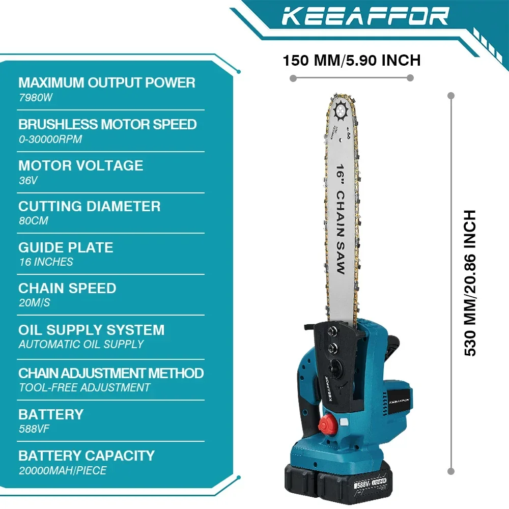 KEEAFFOR 7980 Вт электрическая цепная пила 16-дюймовая бесщеточная резка