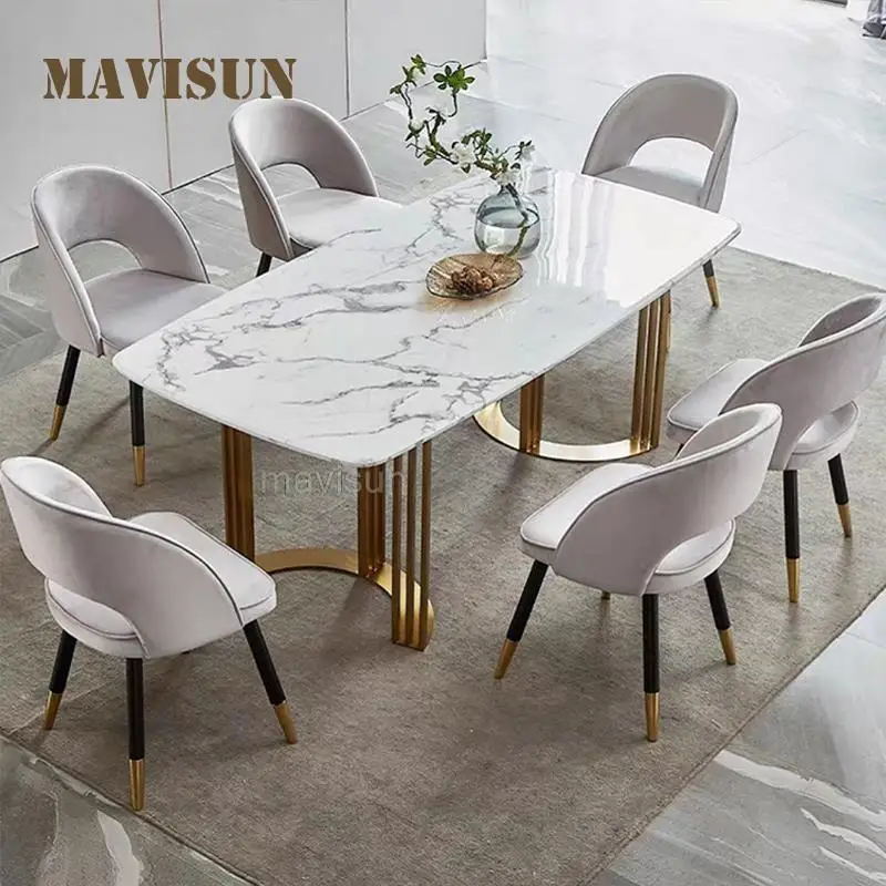 

Luxury Gloden Marble Stone Top Breakfast Table For Dining Modern Home Furniture Stainless Steel Rectangular Small Apartment