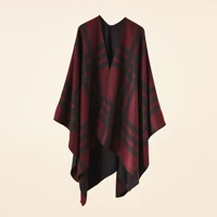 2022 autumn winter new large plaid stripe pattern imitation cashmere warm casual women shawl poncho capes lady coat wine red