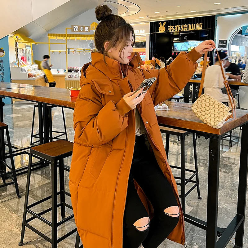 2022 Korean X-Long Jacket Women Winter Solid Color Hooded Thicken Warm Female Snow Wear Coat Padded Loose Clothes