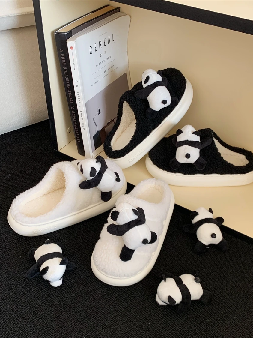 

Симпатичные Тапочки из хлопка панды для пар зимние домашние тапочки для мужчин и женщин плюшевая обувь нескользящие тапочки