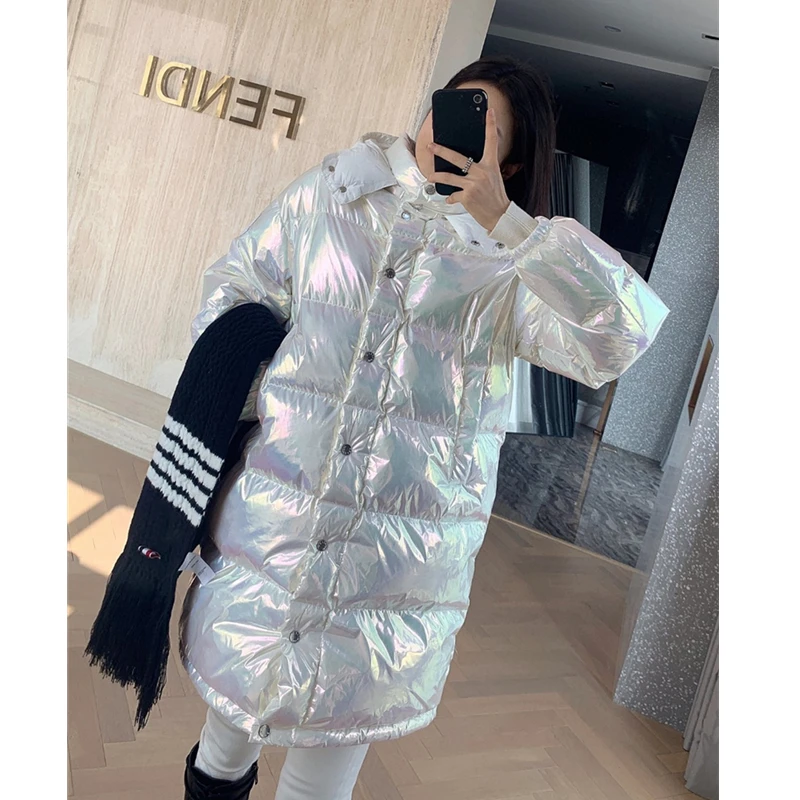 

Женский длинный пуховик с капюшоном, блестящий белый пуховик на 90% утином пуху, легко чистится, Толстая Повседневная одежда для зимы