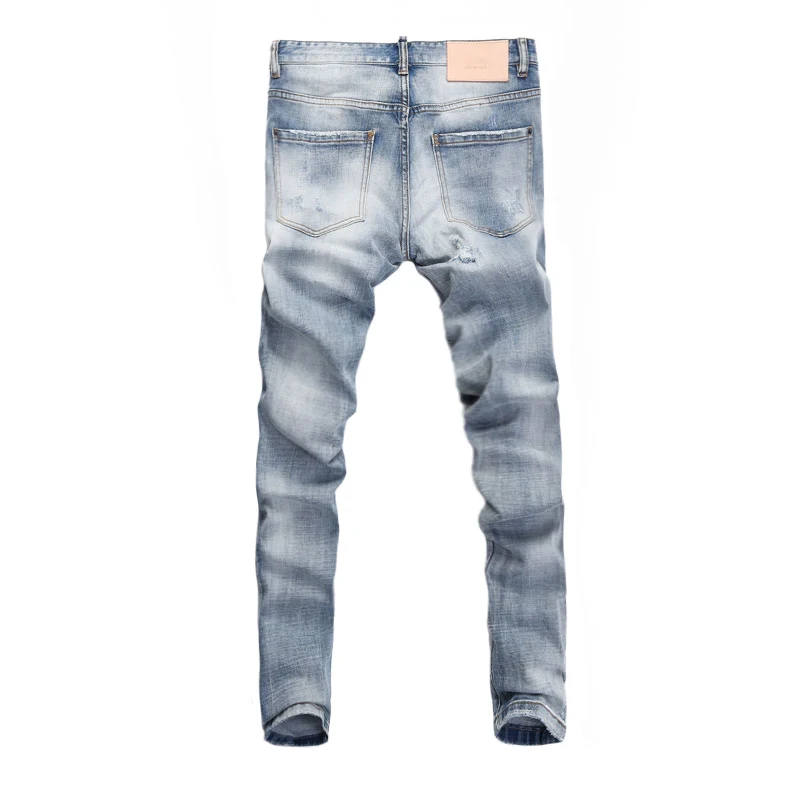 Italian Style Fashion Men Jeans High Quality Retro Light Blue Elastic Slim Ripped Jeans Men Vintage Designer Brand Pants Hombre