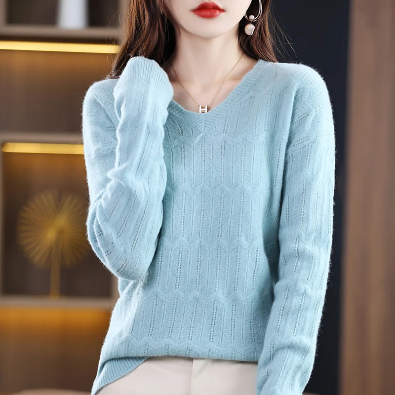 

100% Sheep Sweater Women Autumn And Winter New V-neck Long-Sleeve Pullover Bottoming Sweater Hollow Loose All-match Knitted Top