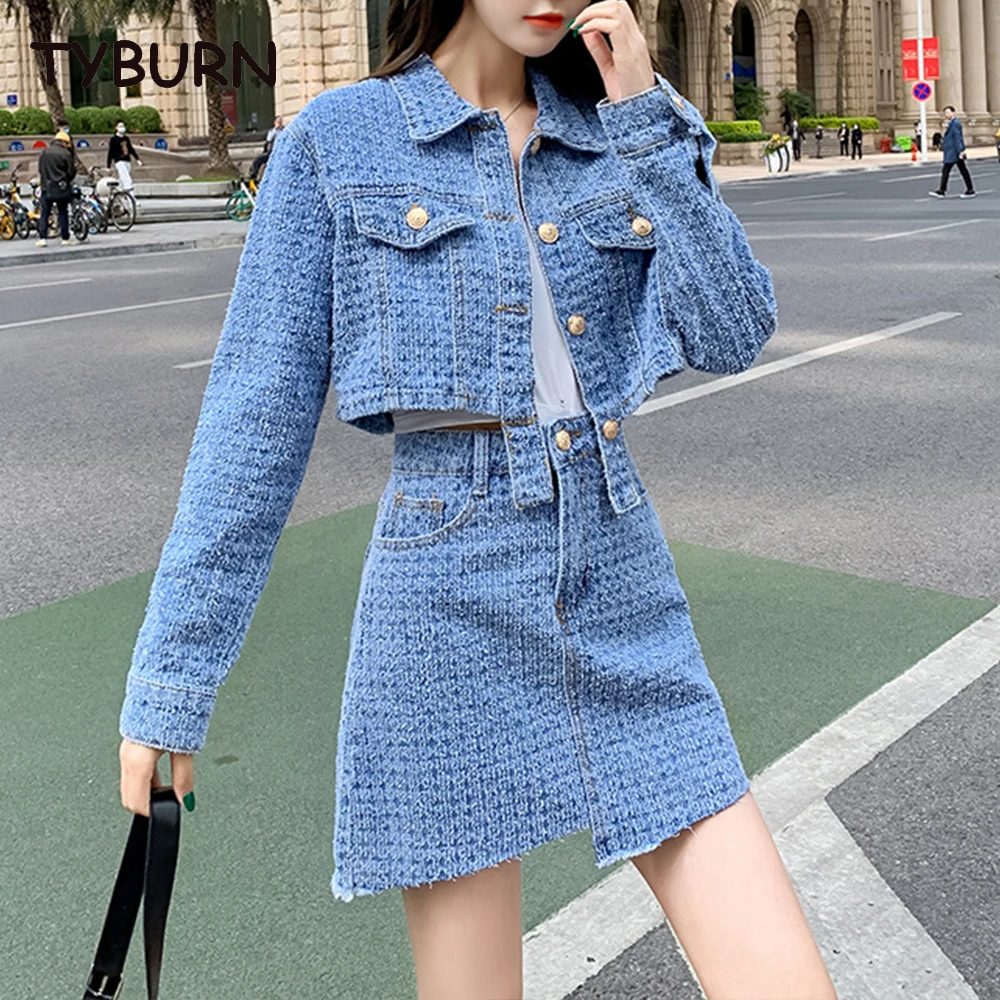 

Casual Summer Two-Piece Set Sexy Halter Top Button Skirt Fashion Blue Jeans 2 Piece Skirt Sets Womens Outfits
