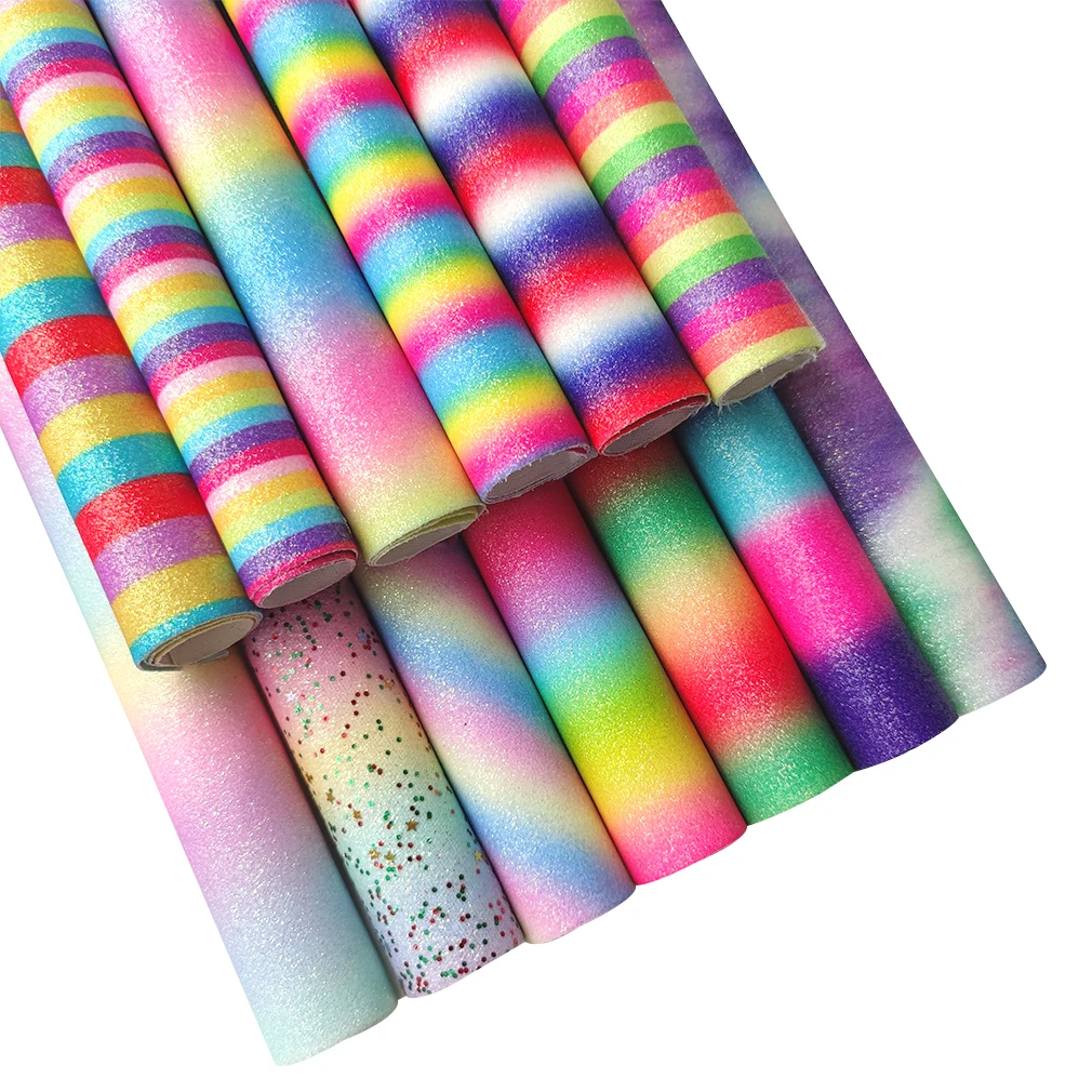 

30x135cm Rainbow Stripe & Rainbow Shiny Colorful Fine Glitter Faux Leather Fabric for Shoe/Bag/Hair Bow/DIY Accessories