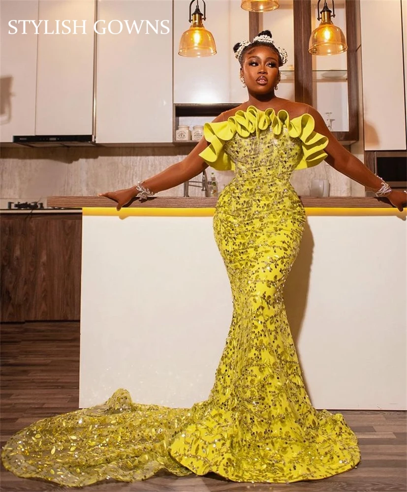 

Aso Ebi Африканское желтое вечернее платье с круглым вырезом для черных девушек блестящее платье из бисера для дня рождения вечерние платья ру...