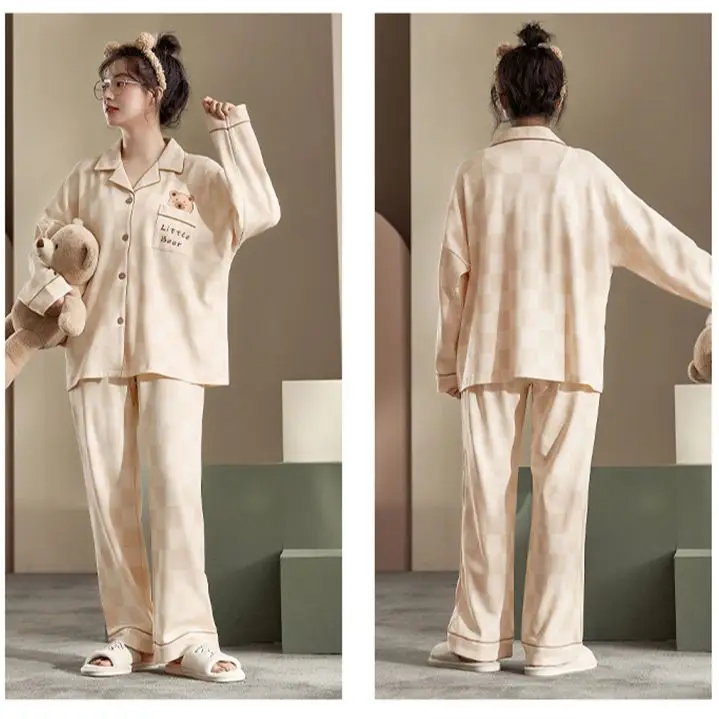 Spring Autuum Fashion Women's Casual Print Pocket Sleepwear Homewear Cute Lovely Pajamas Set With Pants Bear Soft Cotton