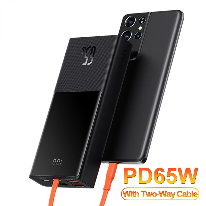 

2023NEW NEW 65W Power Bank 20000mAh USB C PD Quick Charge Fast Charger Powerbank Wtih Cable External Battery For iPhone Xiaomi L