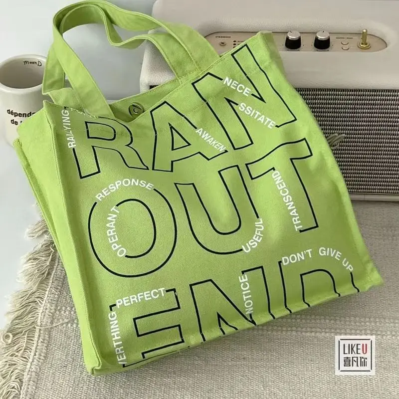 Green Korean Style Ins Spring Green Letter Canvas Shoulder Bag Students Portable Canvas Tote Bag Shopping Bag