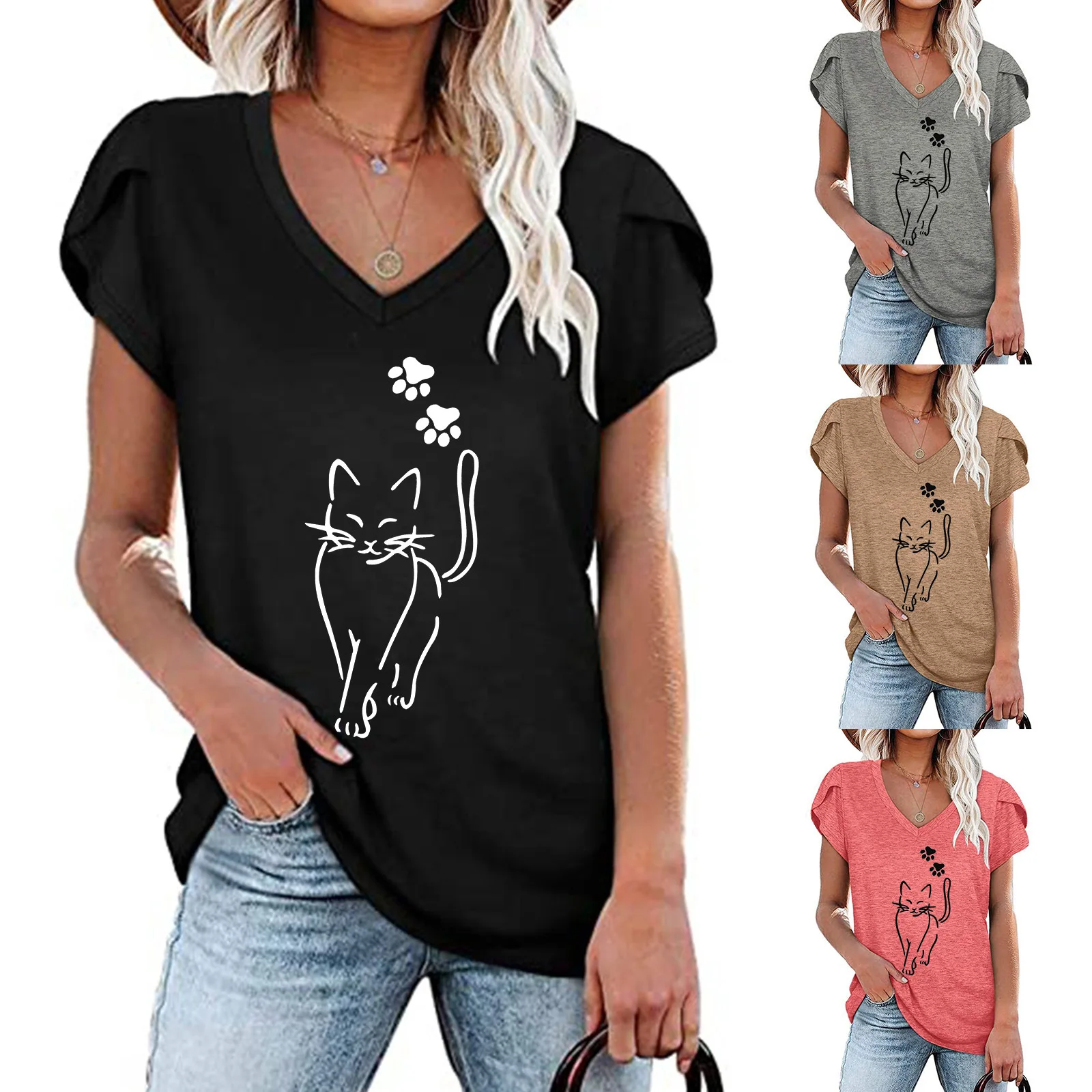 

Summer Cat Creative Footprint Printing V-neck Petal Short-sleeved T-shirt Women