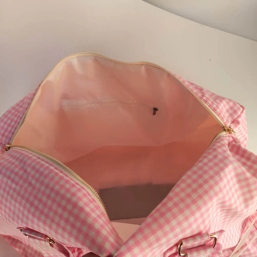 52CM Kids Ruffle Seersucker Duffel Bags Large Capacity Pink/Purple Plaid Gingham Travel Bag for Shcool Children Weekend Bag