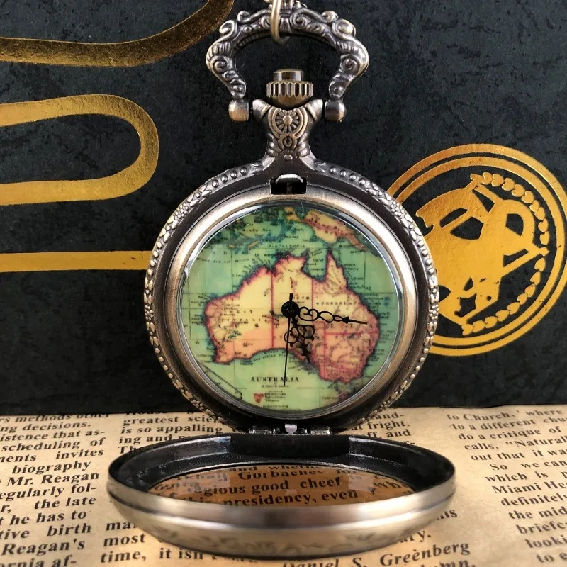 

New Antique Quartz Pocket Watch Personalised Map Design Necklace Pendant with Chain Clock for Men Women Reloj De Bolsillo