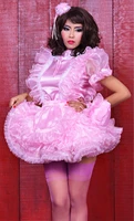 new lockable sissy dress pink blue satin organza middle neck lace fluffy bubble sleeve bundle belt apron maid dress custom