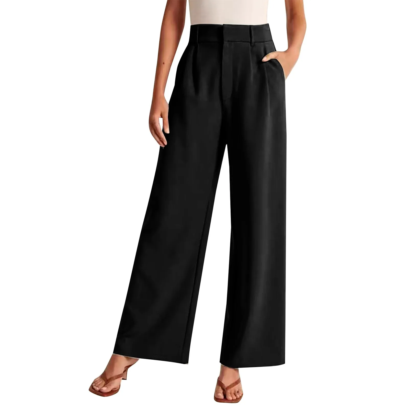 

Женские брюки однотонные тонкие карманы с высокой талией Широкие Брюки костюмные брюки повседневные брюки