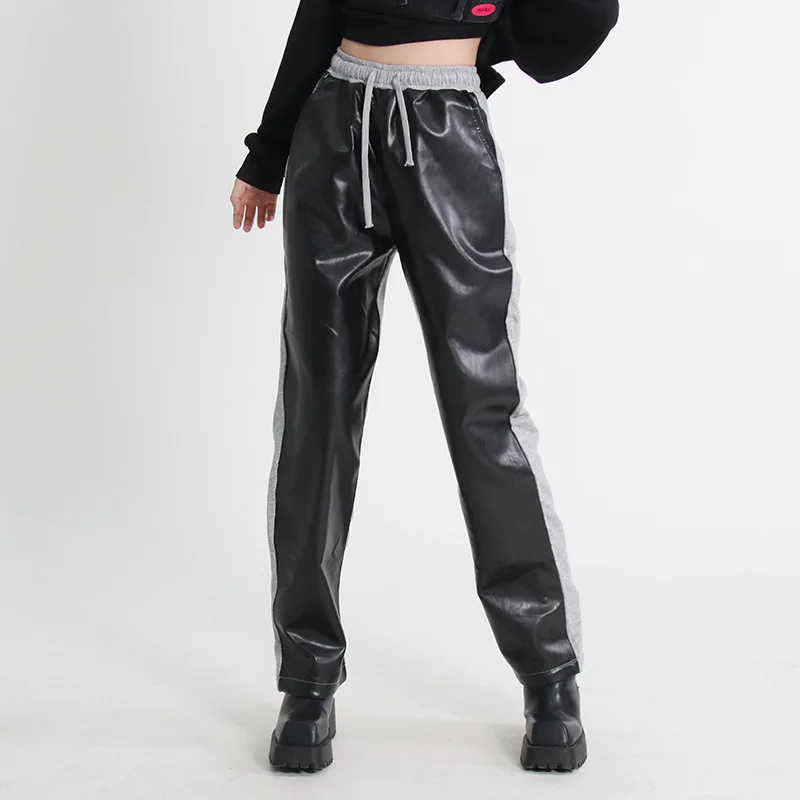 

Индивидуальные повседневные брюки в стиле пэчворк из ПУ и хлопка, модные прямые женские брюки с эластичным поясом