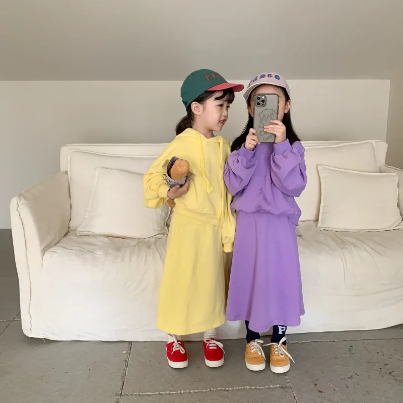 

Children Clothes Set 2022 Spring Autumn Girls Korean Casual Baby Fashion Two Piece Set Cotton Full Solid Hooded Dress Sets