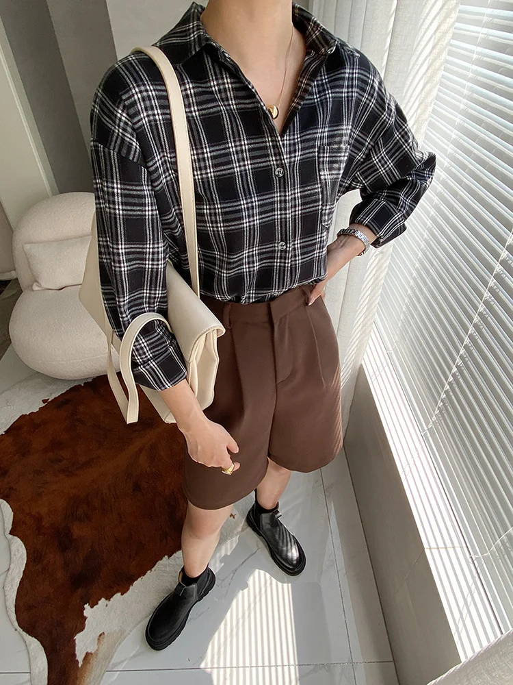 Женская Толстая Блузка в клетку черная элегантная Свободная рубашка с отложным