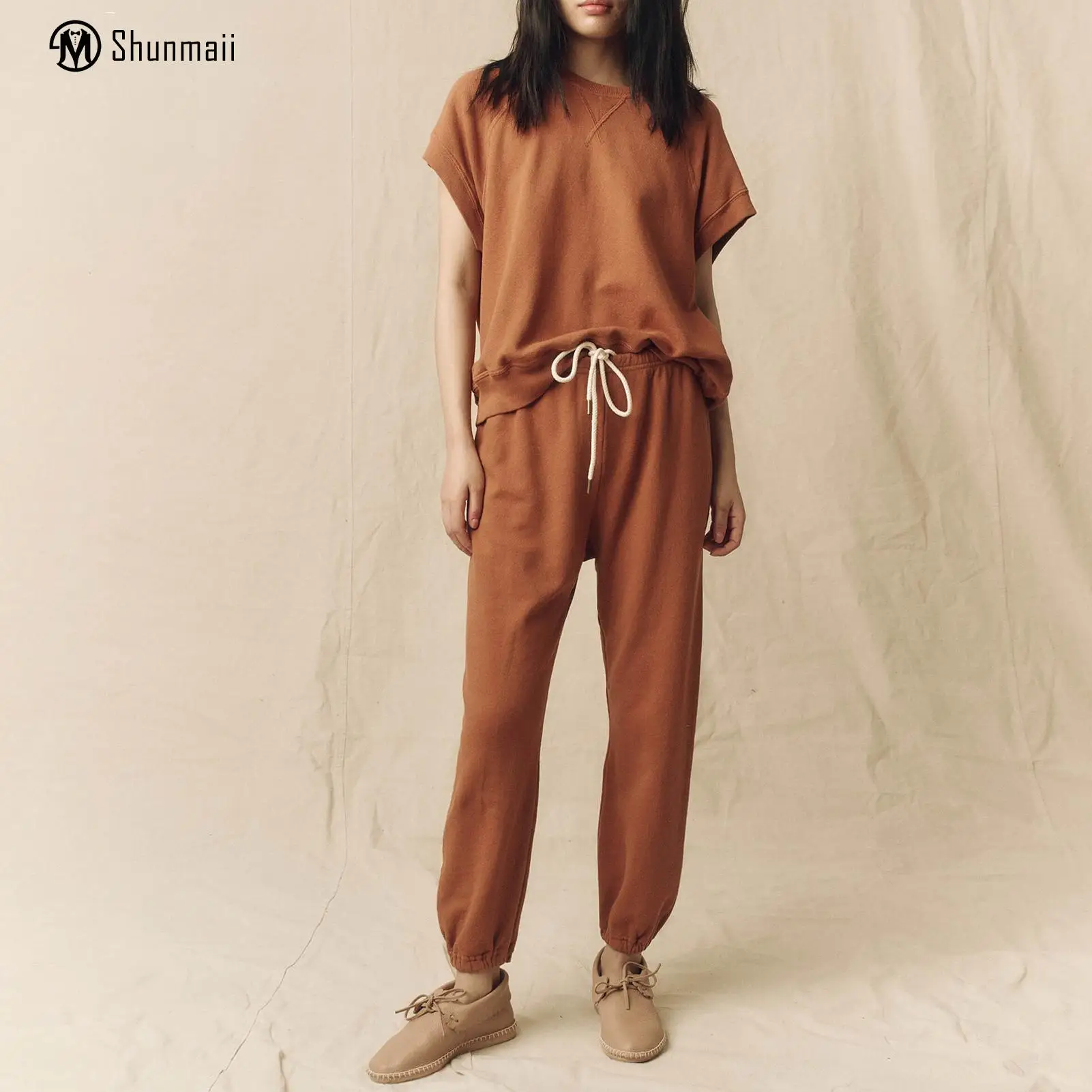 

Ladies Short Sleeve Shirt Pants Solid Color Women 2 Piece Tracksuit Suit Loose Fit Oversized Drawstring Waisted Daily Outfit