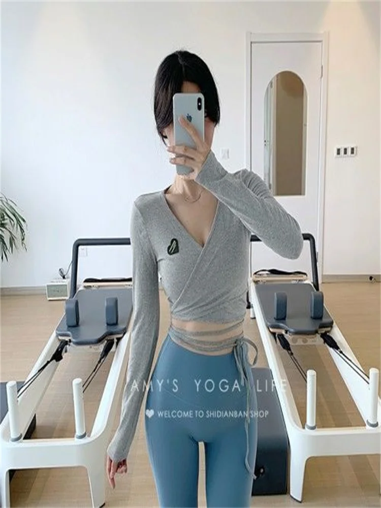 

Yoga 2022 New Bandage Crossover Sports Crop Tops Women's Navel Tight-fitting Gym Long-sleeved All-match Running Fitness T-shirt