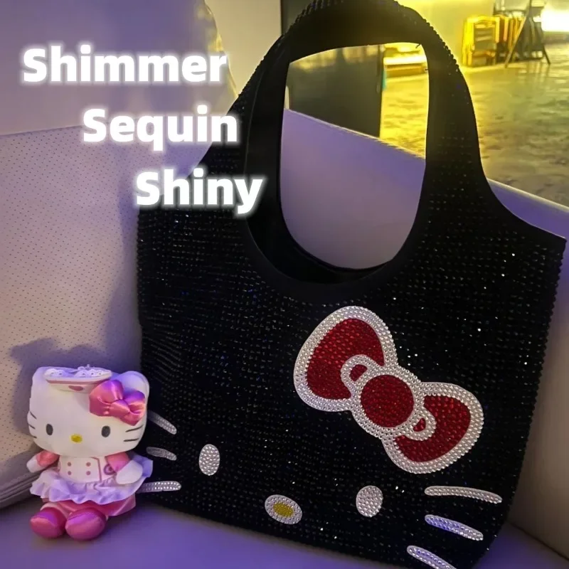 

Kawaii Sanrio Anime Hello Kitty PU Tote Bag Cute Cartoon Diamond Inlay Retro Shiny Handbag Large Capacity Shoulder Bag for Girls