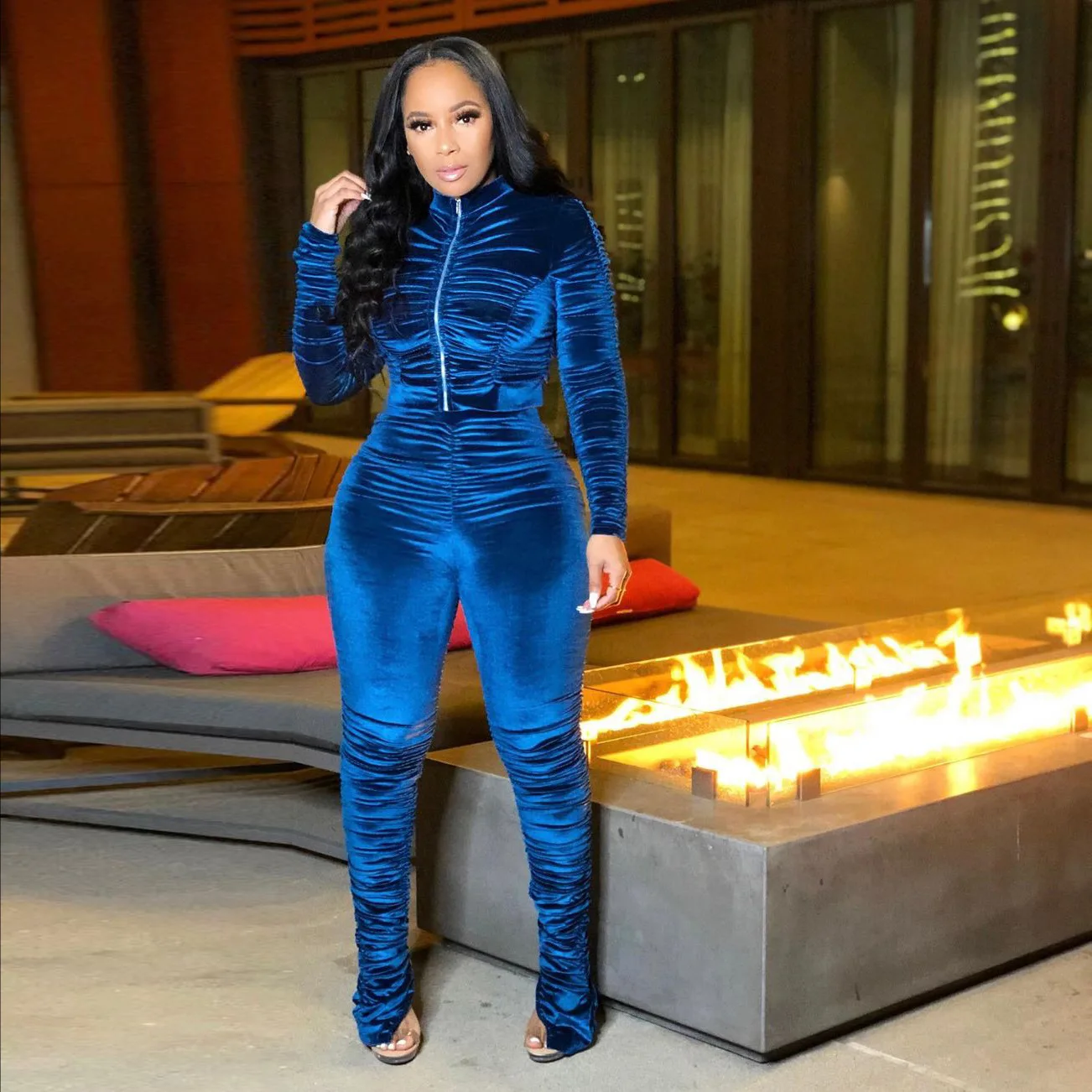 Active Velvet Stacked Sweatsuit Women's Set Zipper Jacket Pants Suit Streetwear Tracksuit Two Piece Set Fitness Outfit Bodysuits