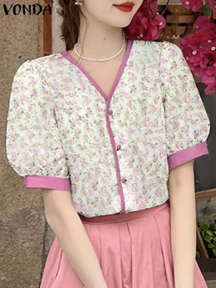 

2023 VONDA Women Summer Shirts Bohemian Floral Printed Tops Tunic Short Sleeve Sexy V-Neck Fashion Blouses Casual Chic Blusas