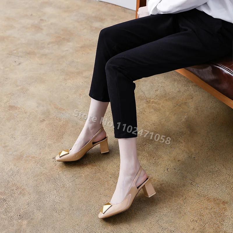 Rivet Square Toe Chunky Heels Pumps Slingback Hight Heels Women Summer Sandals Shallow Slip-On Hight Heels Ladies Dress Shoes