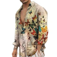 vintage butterfly printing mens shirt hawaiian beach single breasted stand collar shirt fashion casual long sleeved shirt tops
