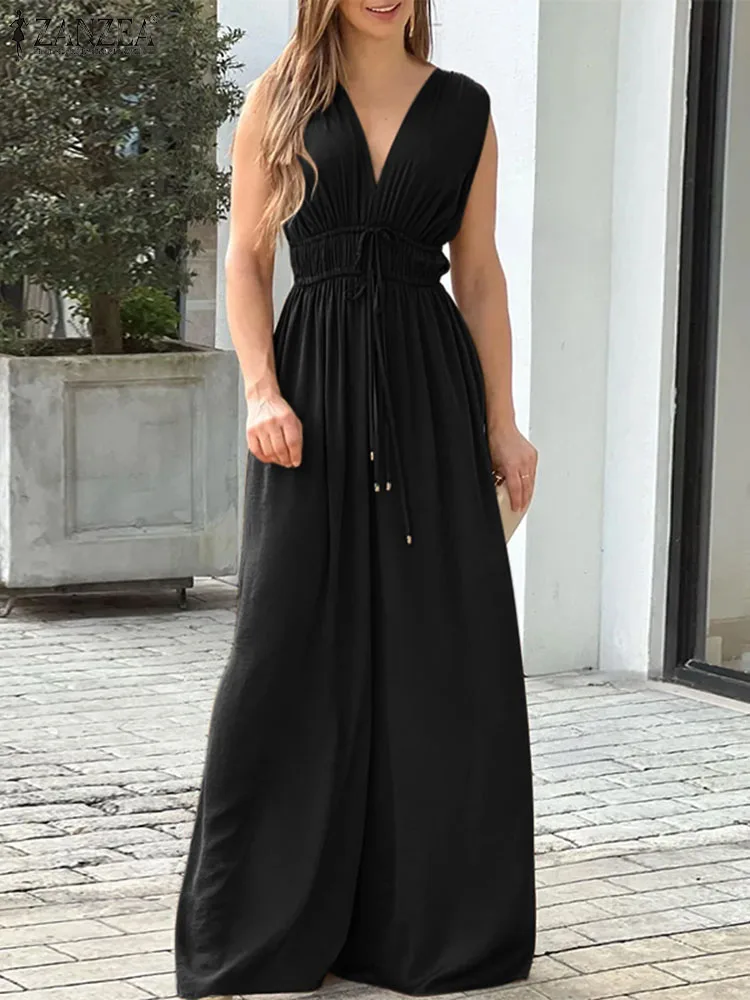 

2022 Summer Sleeveless Overalls ZANZEA Fashion Women Baggy Jumpsuits Casual Solid Loose Rompers Oversized V Neck Party Outfits