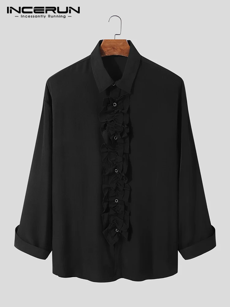 INCERUN Tops 2023 Korean Style New Men's Lace Ruffled Placket Blouse Fashion Casual Male Hot Sale Long-sleeved Lapel Shirt S-5XL