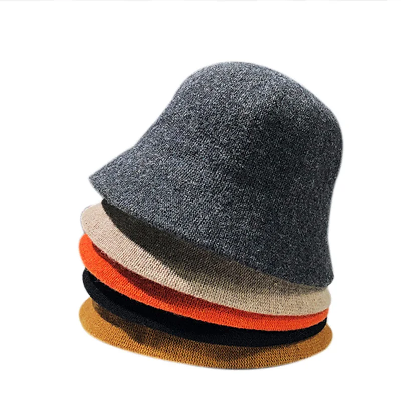 

2022 Autumn winter dome wool warm knitted Bucket Hat Women fashion simple black woolen yarn basin cap Vintage weave casual hat