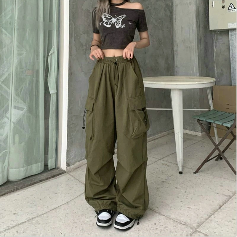 Streetwear Vintage Chic Cargo Pants for Women High Eleastic Waist Wide Leg Straight Touser for Punk Female Joggers Trousers